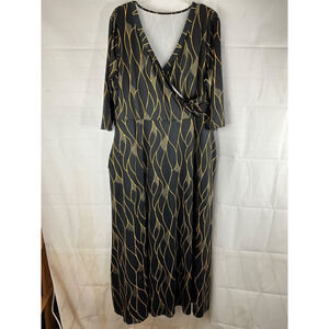 Unbranded Women's Faux Wrap Maxi Dress 2X Black Gold Pockets Polyester